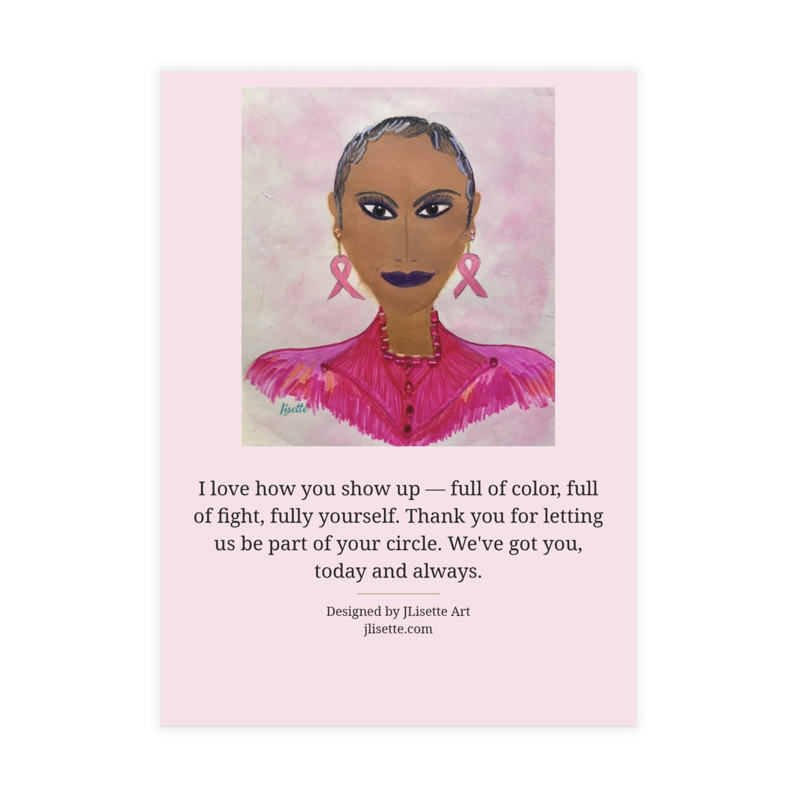 Ribbon Earrings — Breast Cancer Awareness Postcards (10-Pack), Words on Front